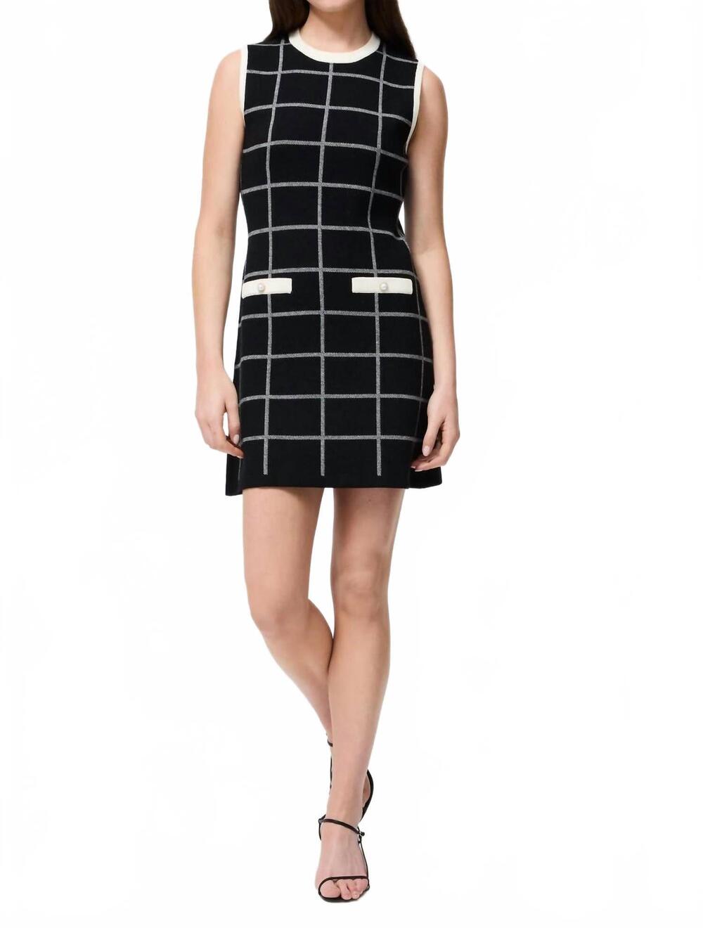 NEW FRENCH CONNECTION check sleeveless crew dress in black/ porecelain cream